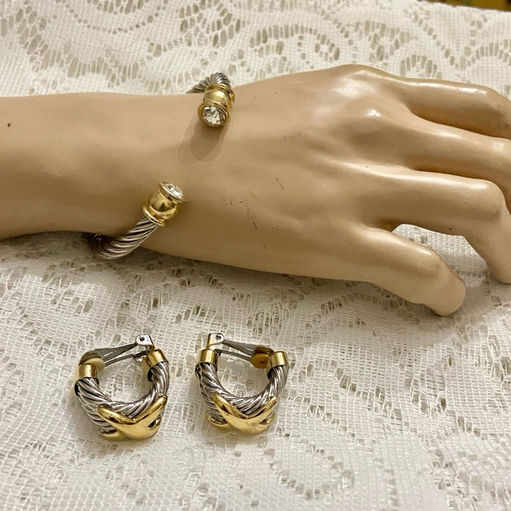 Lot of 2 Vintage, Braided Silver -Gold Cuff Bangles with matching Earrings