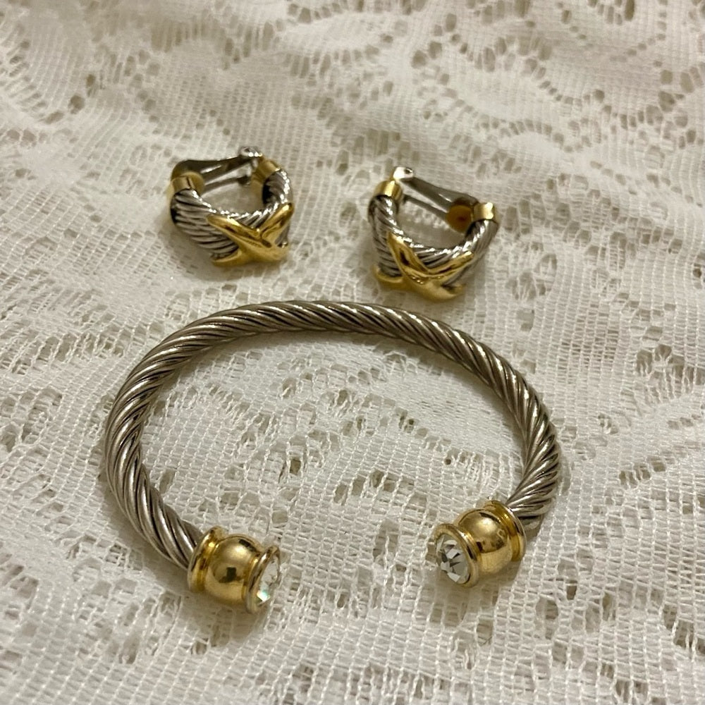 Lot of 2 Vintage, Braided Silver -Gold Cuff Bangles with matching Earrings