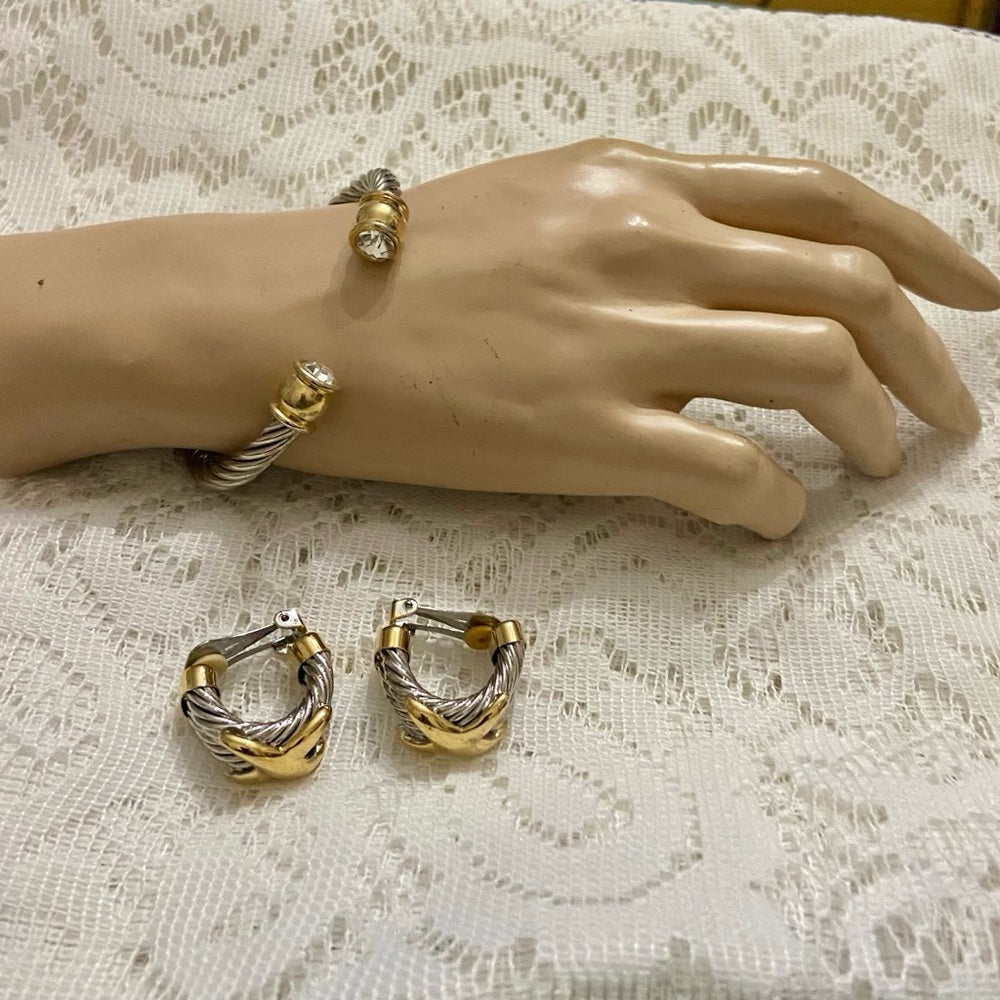 Lot of 2 Vintage, Braided Silver -Gold Cuff Bangles with matching Earrings