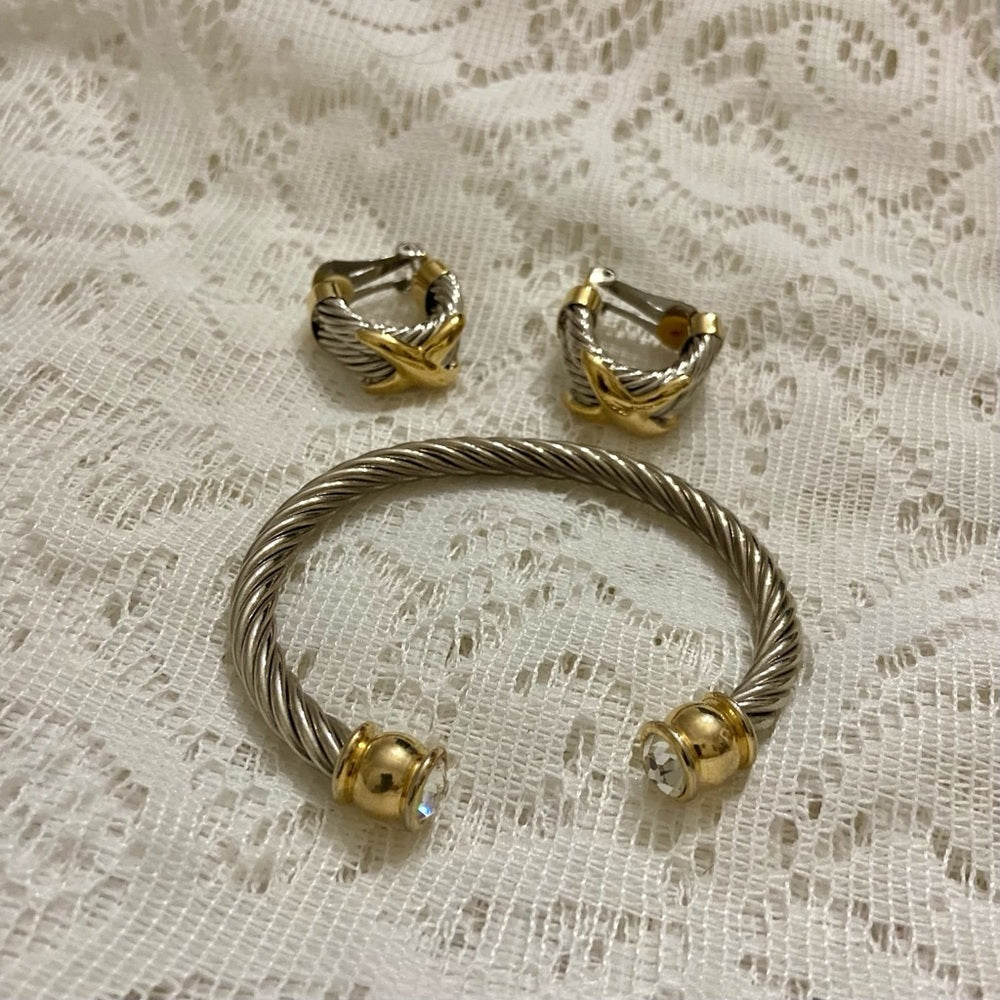 Lot of 2 Vintage, Braided Silver -Gold Cuff Bangles with matching Earrings