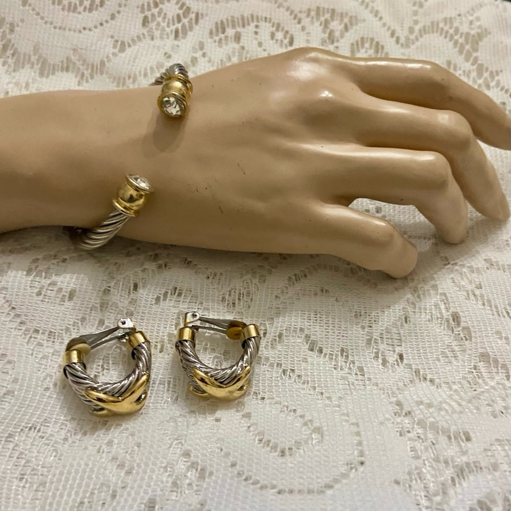 Lot of 2 Vintage, Braided Silver -Gold Cuff Bangles with matching Earrings