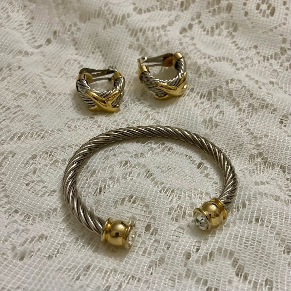 Lot of 2 Vintage, Braided Silver -Gold Cuff Bangles with matching Earrings