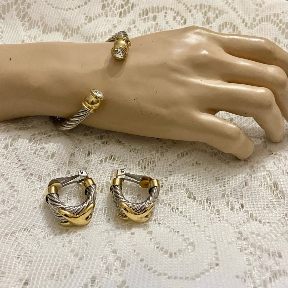 Lot of 2 Vintage, Braided Silver -Gold Cuff Bangles with matching Earrings
