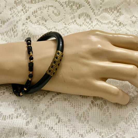 Vintage, Lot of 2, Black Bangle with Decorative Brass Inlay and Beaded Bracelet