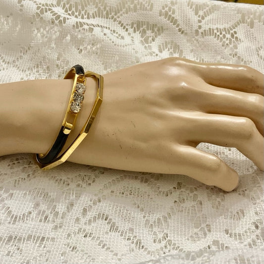 Lot of 2 Vintage, Black  Leather Bangle w/ Rhinestones and Gold Bracelet