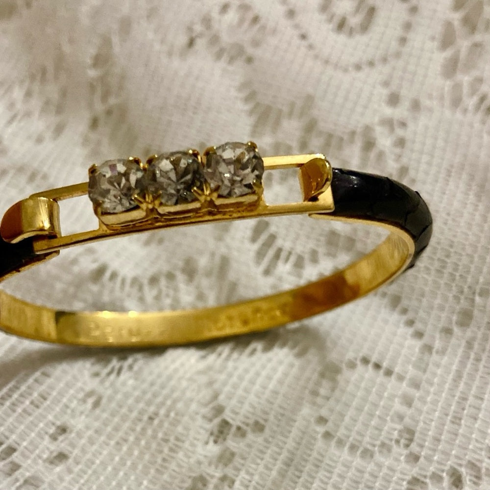 Lot of 2 Vintage, Black  Leather Bangle w/ Rhinestones and Gold Bracelet