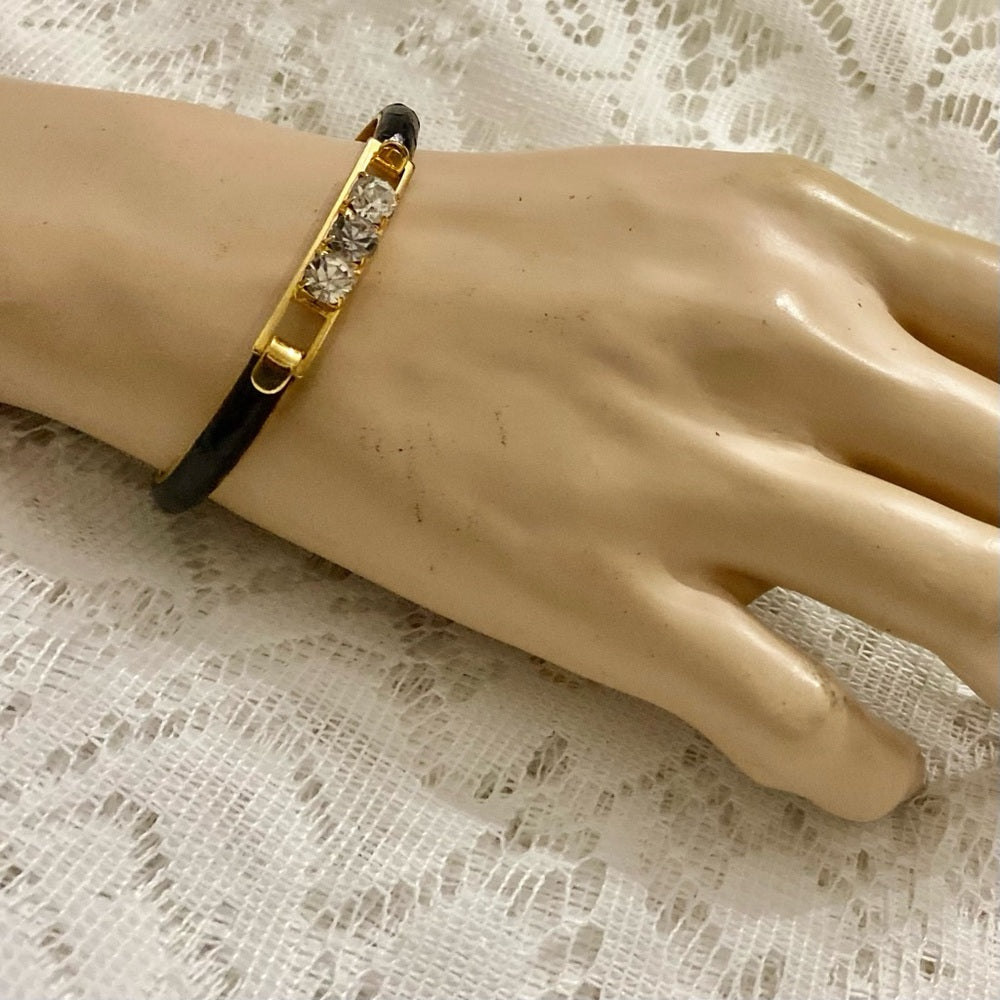 Lot of 2 Vintage, Black  Leather Bangle w/ Rhinestones and Gold Bracelet