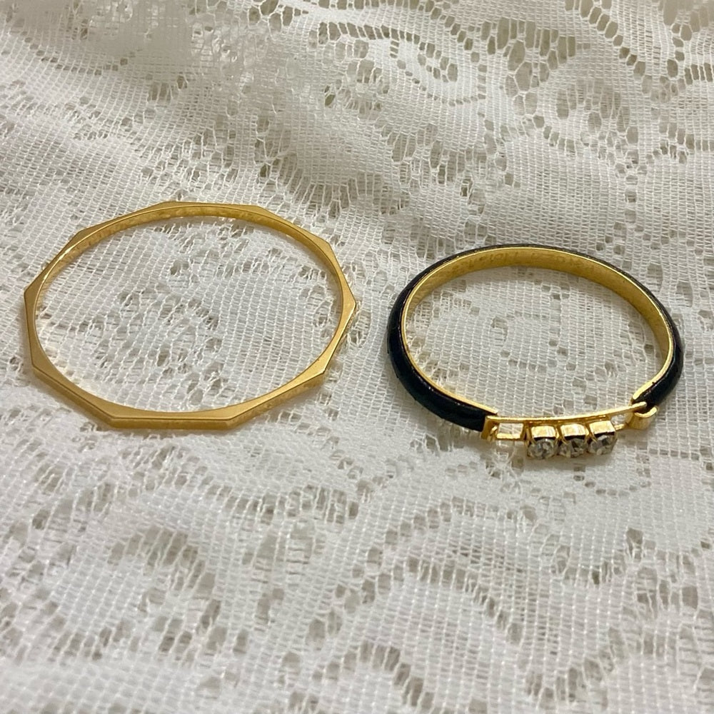 Lot of 2 Vintage, Black  Leather Bangle w/ Rhinestones and Gold Bracelet