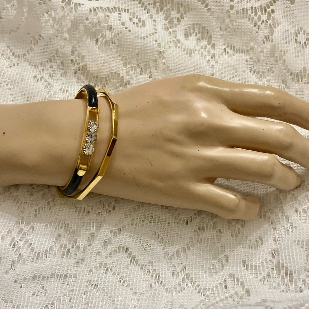 Lot of 2 Vintage, Black  Leather Bangle w/ Rhinestones and Gold Bracelet