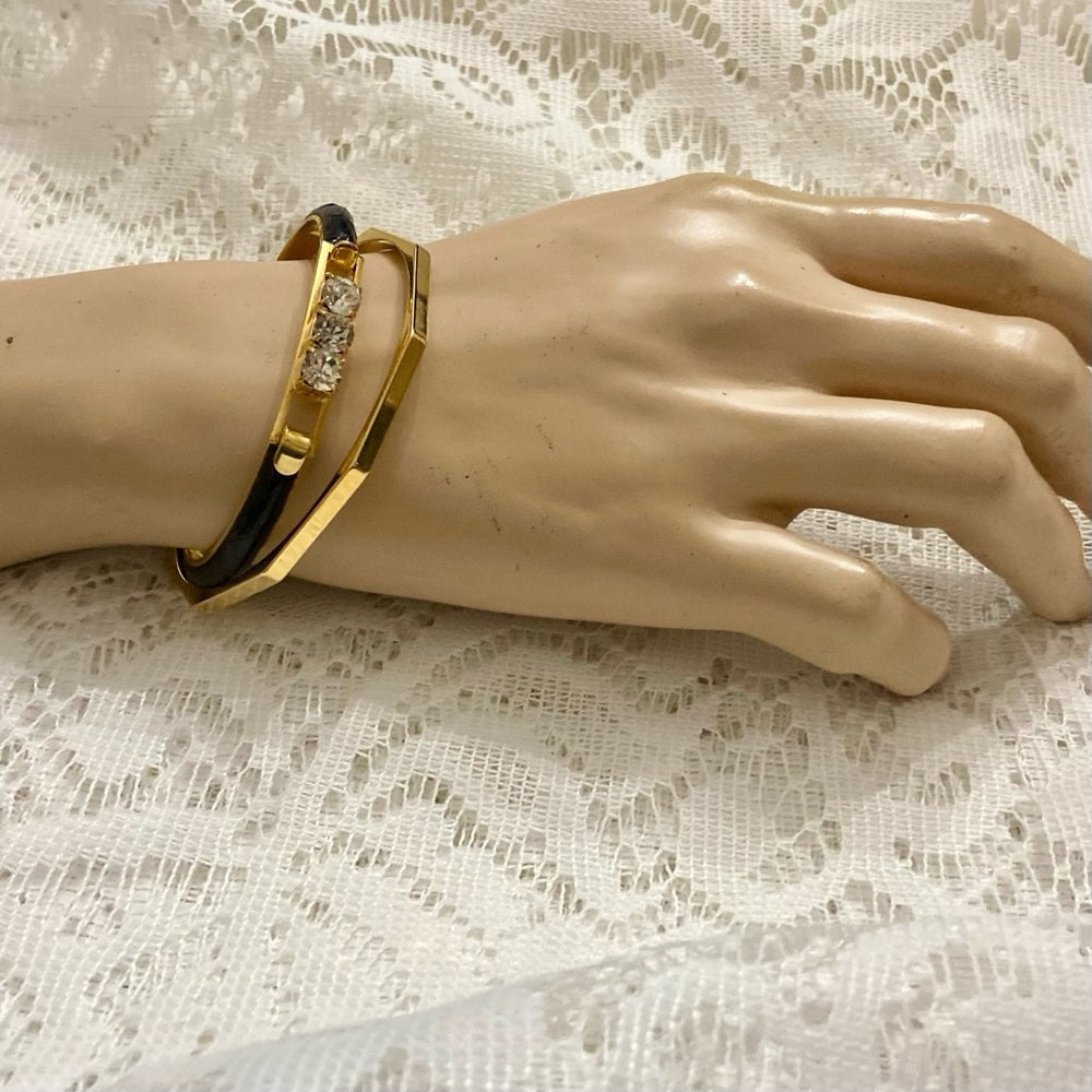 Lot of 2 Vintage, Black  Leather Bangle w/ Rhinestones and Gold Bracelet