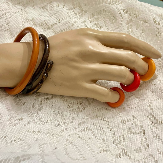 Lot of 5 Vintage, Lucite, Tiger’s Eye, Bakelite Bangles and Rings
