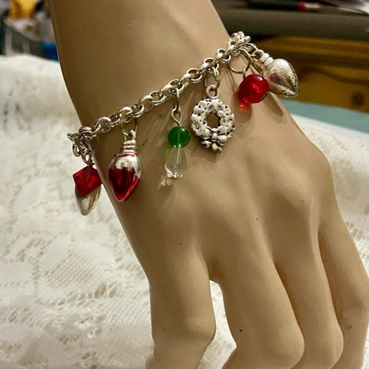 Vintage, Silver Tone Multi-color Christmas Charm Bracelet