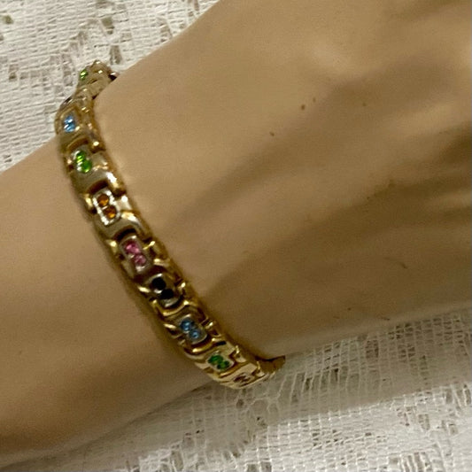 Vintage, Gold Tone, Multi-color Stones- Tennis Bracelet