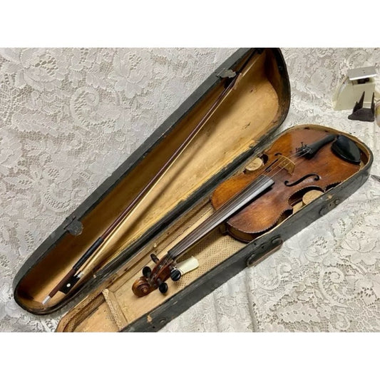Antique, 19th C Handcrafted Violin with Original Wooden Case and Bow