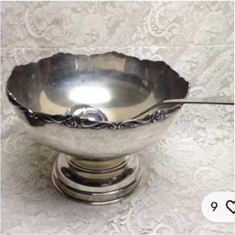 Vintage, 5pc Silver Plated Punch- Soup-Pasta- Salad Bowl with Ladle 9inH x 12inD