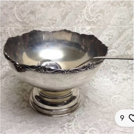 Vintage, 5pc Silver Plated Punch- Soup-Pasta- Salad Bowl with Ladle 9inH x 12inD