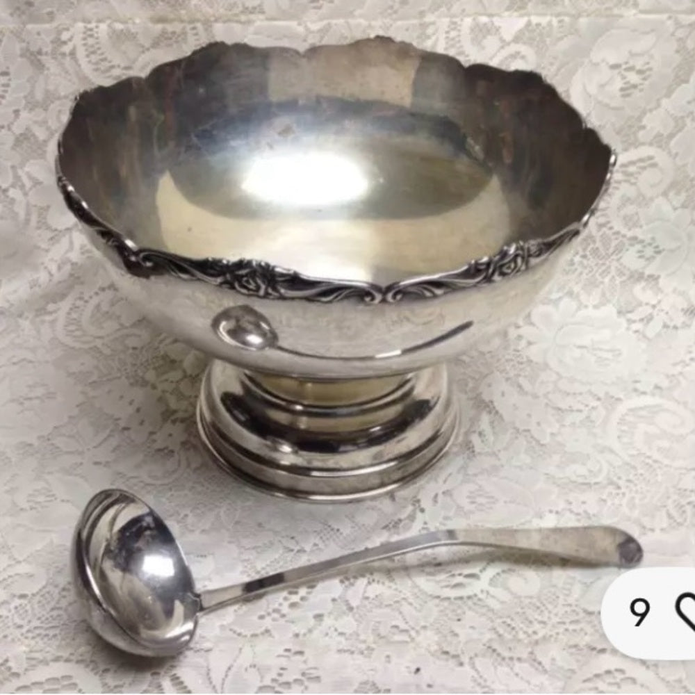 Vintage, 5pc Silver Plated Punch- Soup-Pasta- Salad Bowl with Ladle 9inH x 12inD