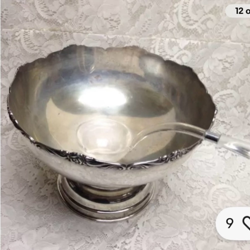 Vintage, 5pc Silver Plated Punch- Soup-Pasta- Salad Bowl with Ladle 9inH x 12inD