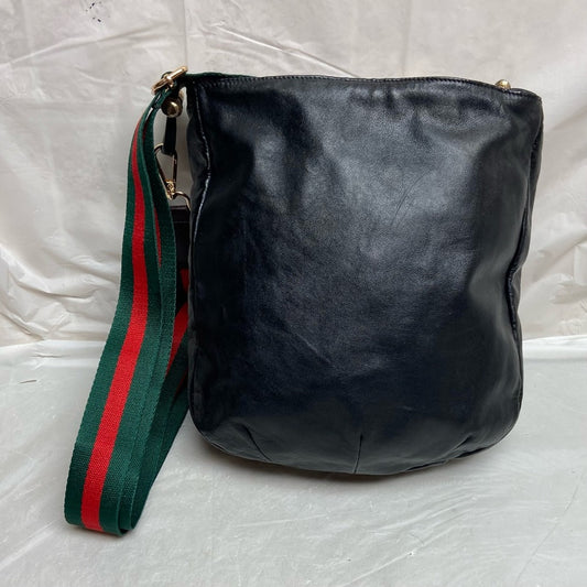 Vintage Gucci Italy Black Leather Drawstring Pouch w/Sherry Line Crossbody Strap