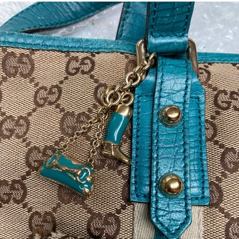 Vintage, Authentic Gucci 8-inch Brown Leather Teal Blue Handbag and Boots Charm