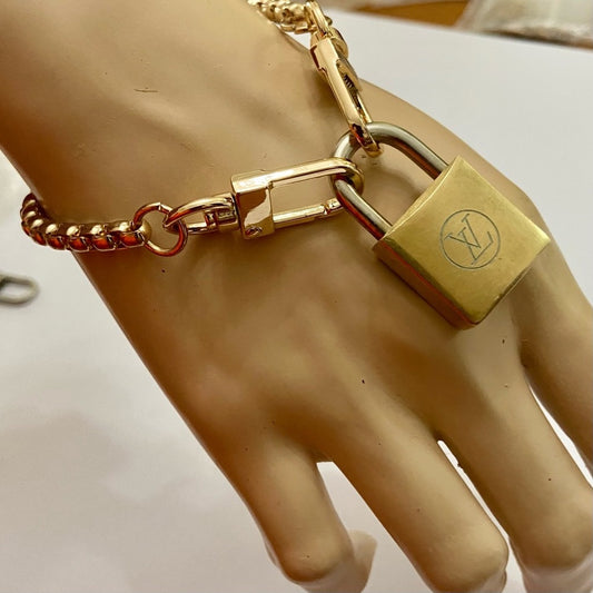 Vintage, Louis Vuitton Brass Padlock with 7-8in Gold Tone Chain Bracelet…