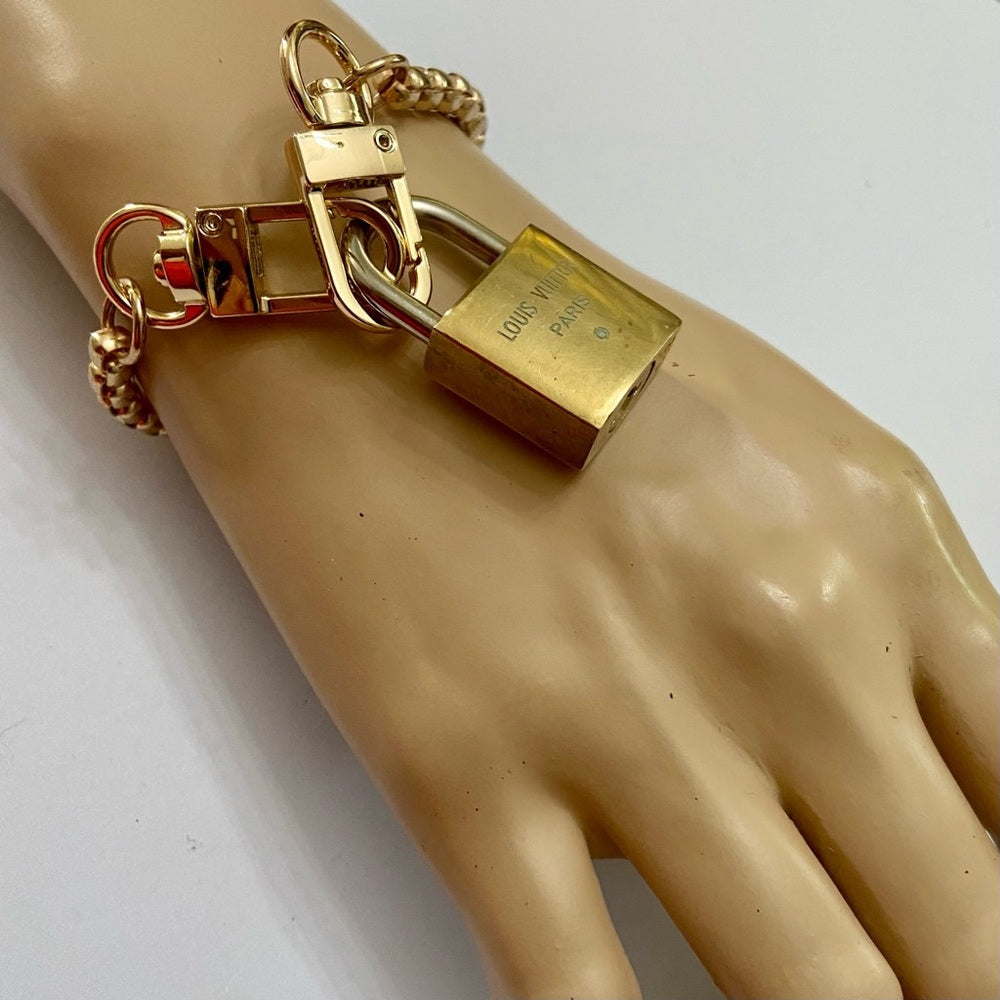 Vintage, Louis Vuitton Brass Padlock with 7-8in Gold Tone Chain Bracelet…