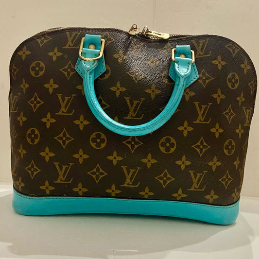 Louis Vuitton Alma Handbag w/ Aquamarine Leather Trim 10in x 12in x 6.5in