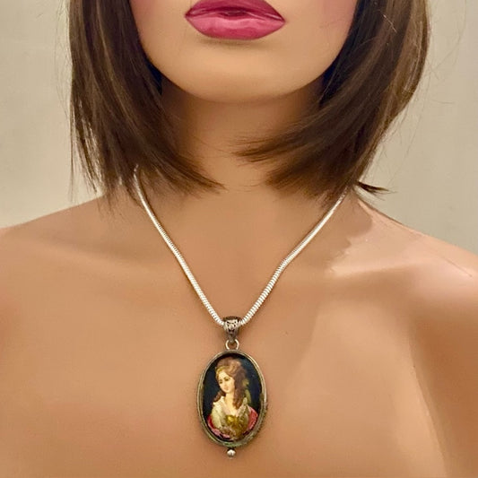 Antique Cameo, Miniature Painting on Black Glass Pendant Necklace