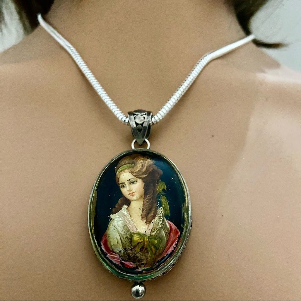 Antique Cameo, Miniature Painting on Black Glass Pendant Necklace