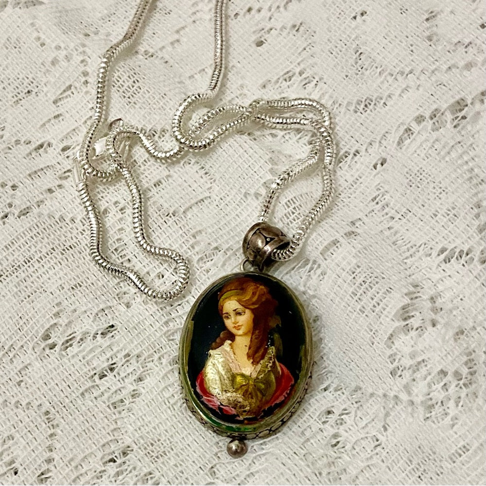Antique Cameo, Miniature Painting on Black Glass Pendant Necklace