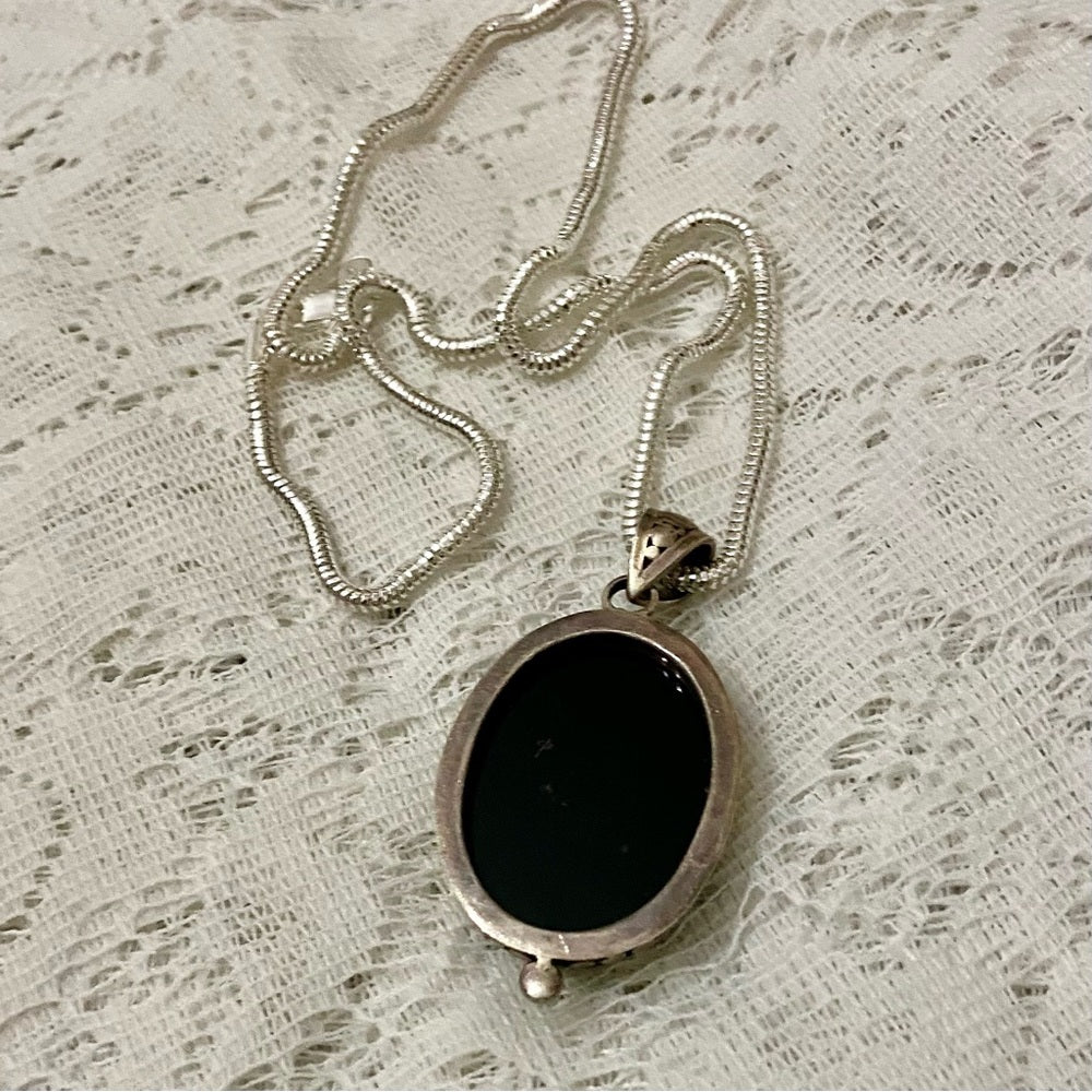 Antique Cameo, Miniature Painting on Black Glass Pendant Necklace