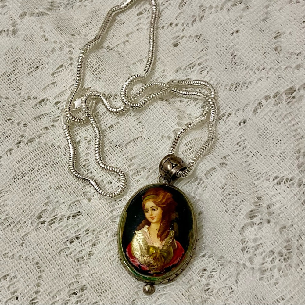 Antique Cameo, Miniature Painting on Black Glass Pendant Necklace