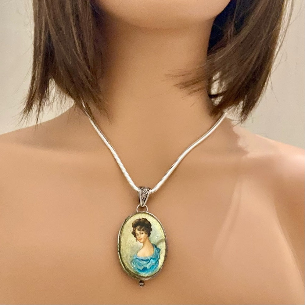 Antique Cameo, Miniature Painting on Mother of Pearl Sterling-Pendant Necklace