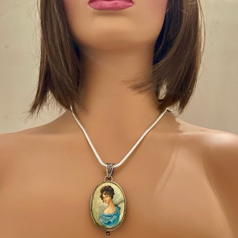 Antique Cameo, Miniature Painting on Mother of Pearl Sterling-Pendant Necklace