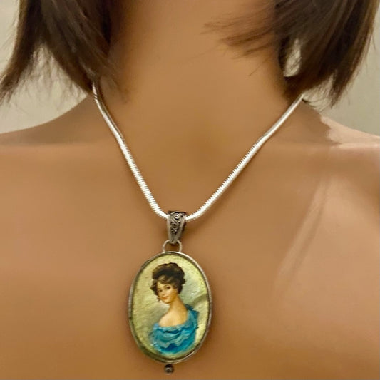 Antique Cameo, Miniature Painting on Mother of Pearl Sterling-Pendant Necklace