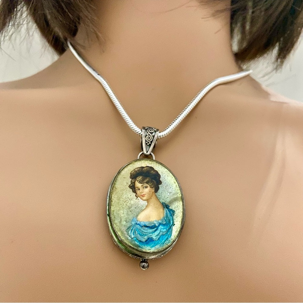 Antique Cameo, Miniature Painting on Mother of Pearl Sterling-Pendant Necklace