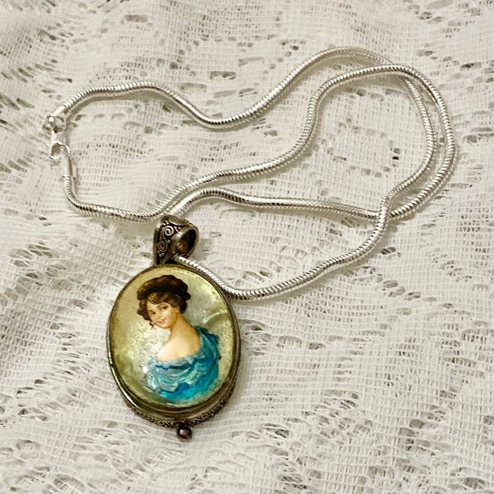 Antique Cameo, Miniature Painting on Mother of Pearl Sterling-Pendant Necklace