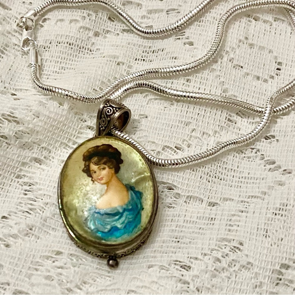 Antique Cameo, Miniature Painting on Mother of Pearl Sterling-Pendant Necklace