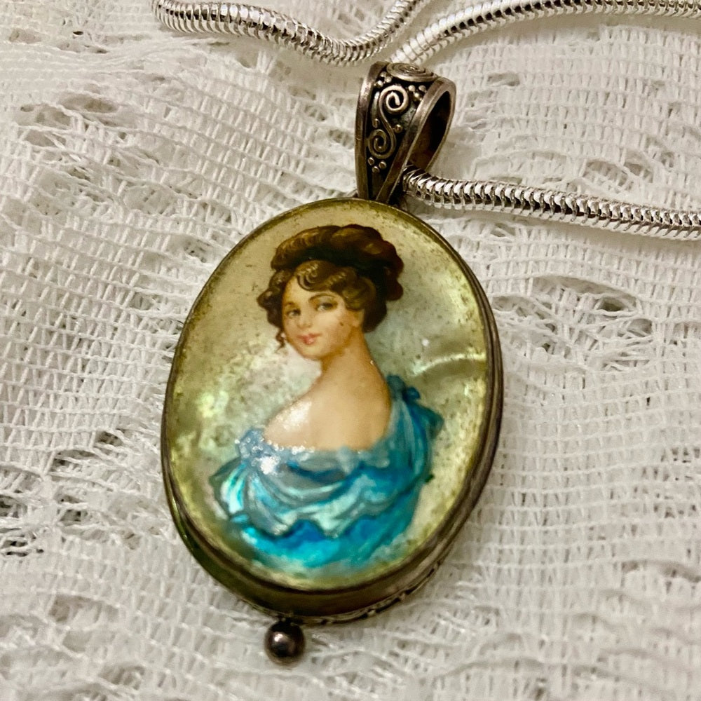 Antique Cameo, Miniature Painting on Mother of Pearl Sterling-Pendant Necklace
