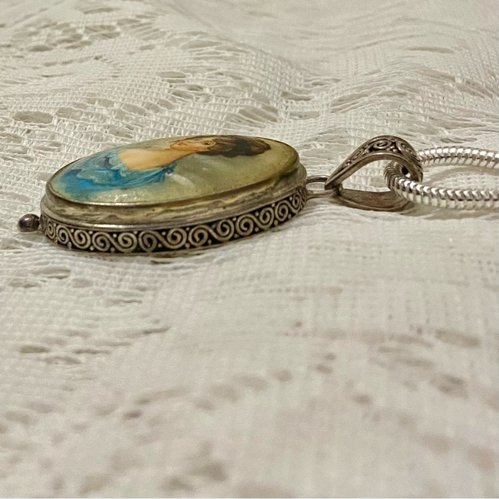 Antique Cameo, Miniature Painting on Mother of Pearl Sterling-Pendant Necklace