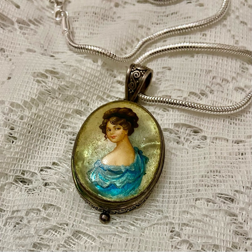 Antique Cameo, Miniature Painting on Mother of Pearl Sterling-Pendant Necklace
