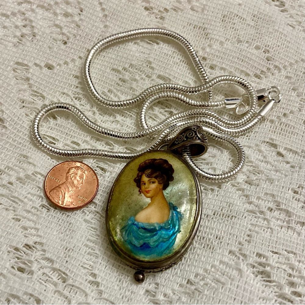 Antique Cameo, Miniature Painting on Mother of Pearl Sterling-Pendant Necklace