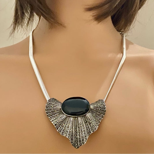Art Deco- Antique Sterling with Marcasites Shell Shaped Brooch Pendant Necklace