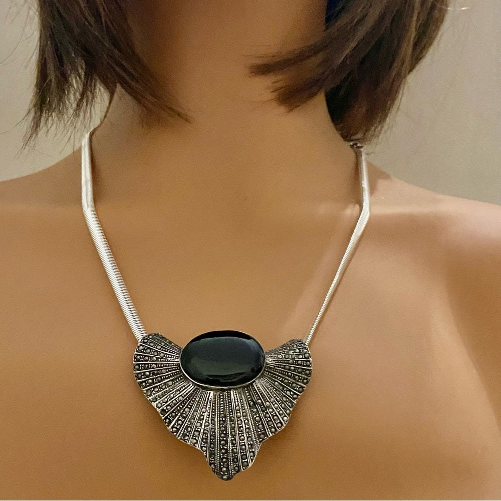 Art Deco- Antique Sterling with Marcasites Shell Shaped Brooch Pendant Necklace