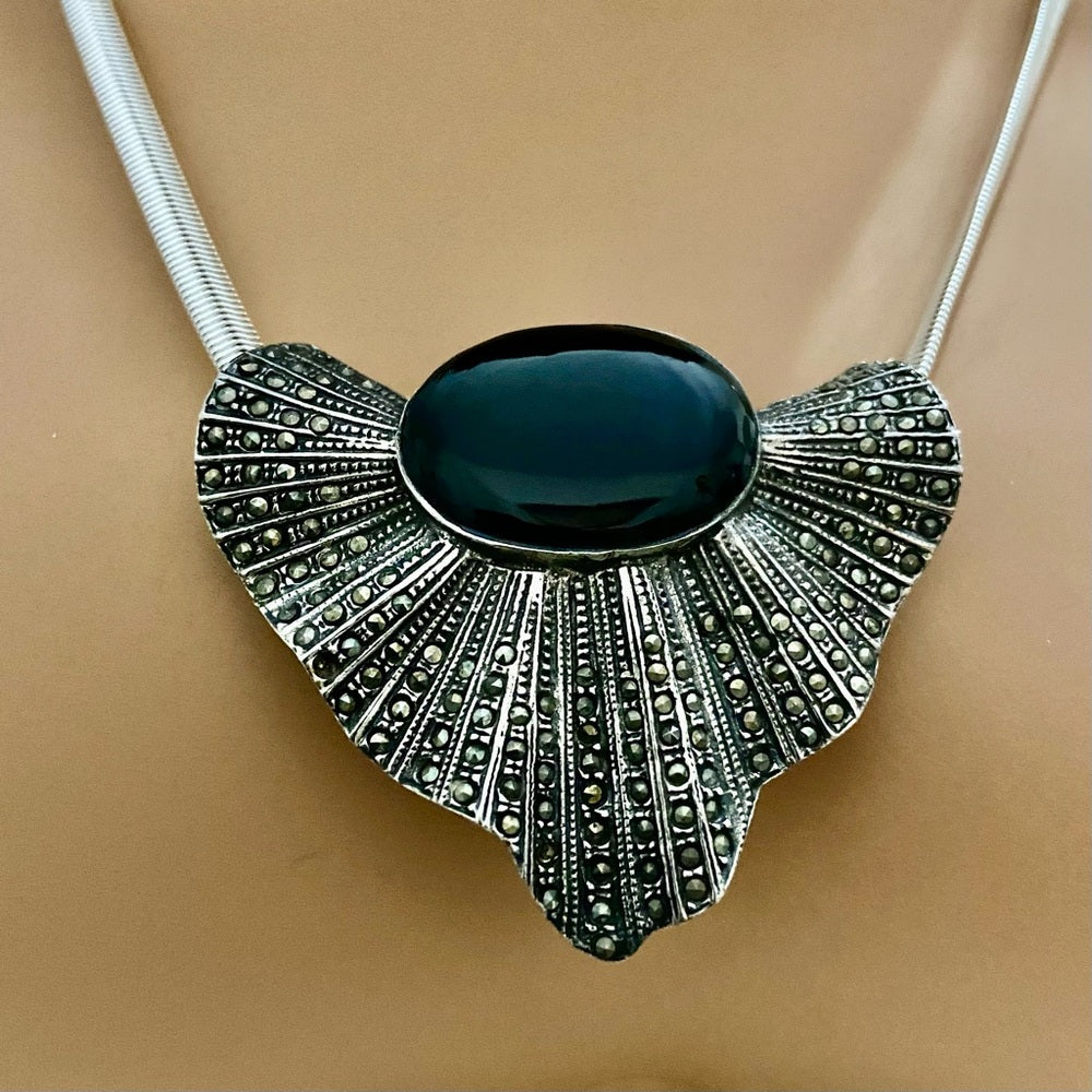 Art Deco- Antique Sterling with Marcasites Shell Shaped Brooch Pendant Necklace
