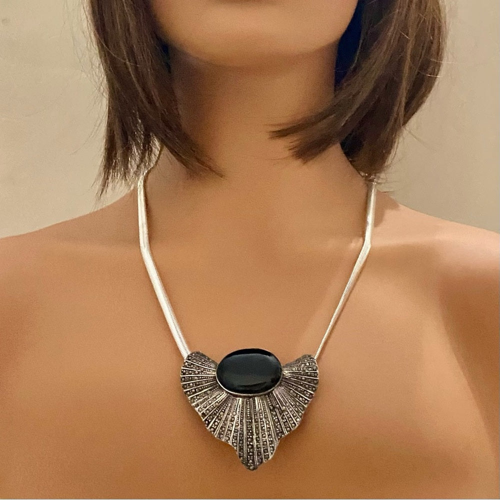 Art Deco- Antique Sterling with Marcasites Shell Shaped Brooch Pendant Necklace