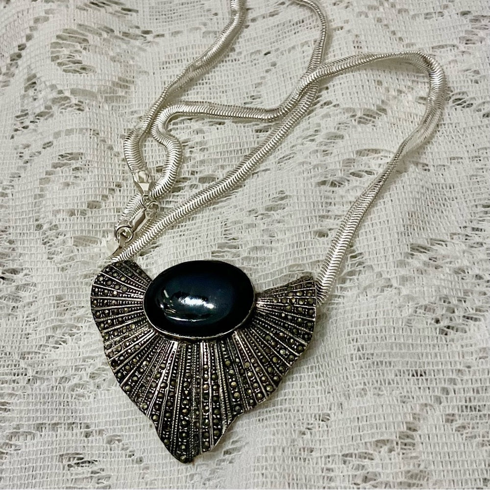 Art Deco- Antique Sterling with Marcasites Shell Shaped Brooch Pendant Necklace