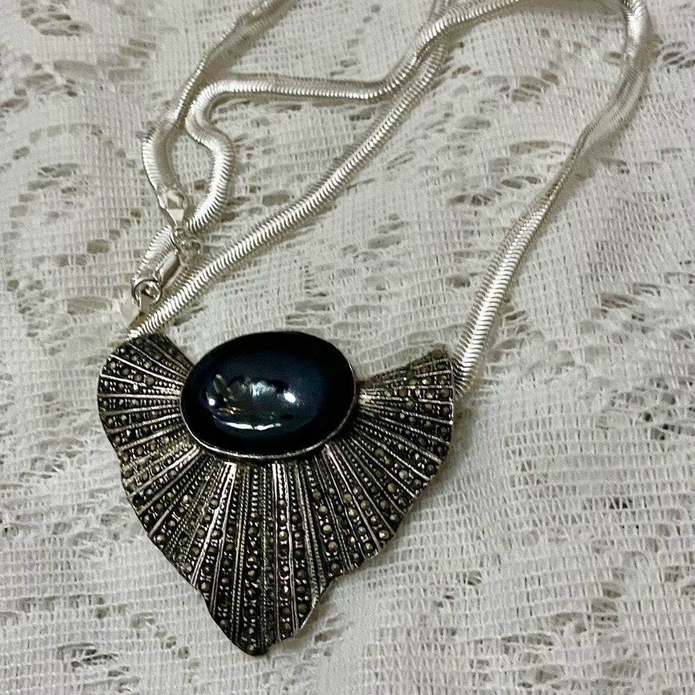 Art Deco- Antique Sterling with Marcasites Shell Shaped Brooch Pendant Necklace