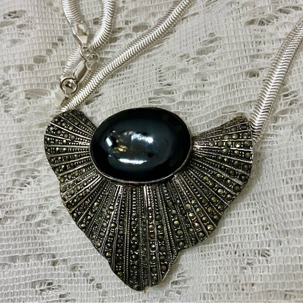 Art Deco- Antique Sterling with Marcasites Shell Shaped Brooch Pendant Necklace