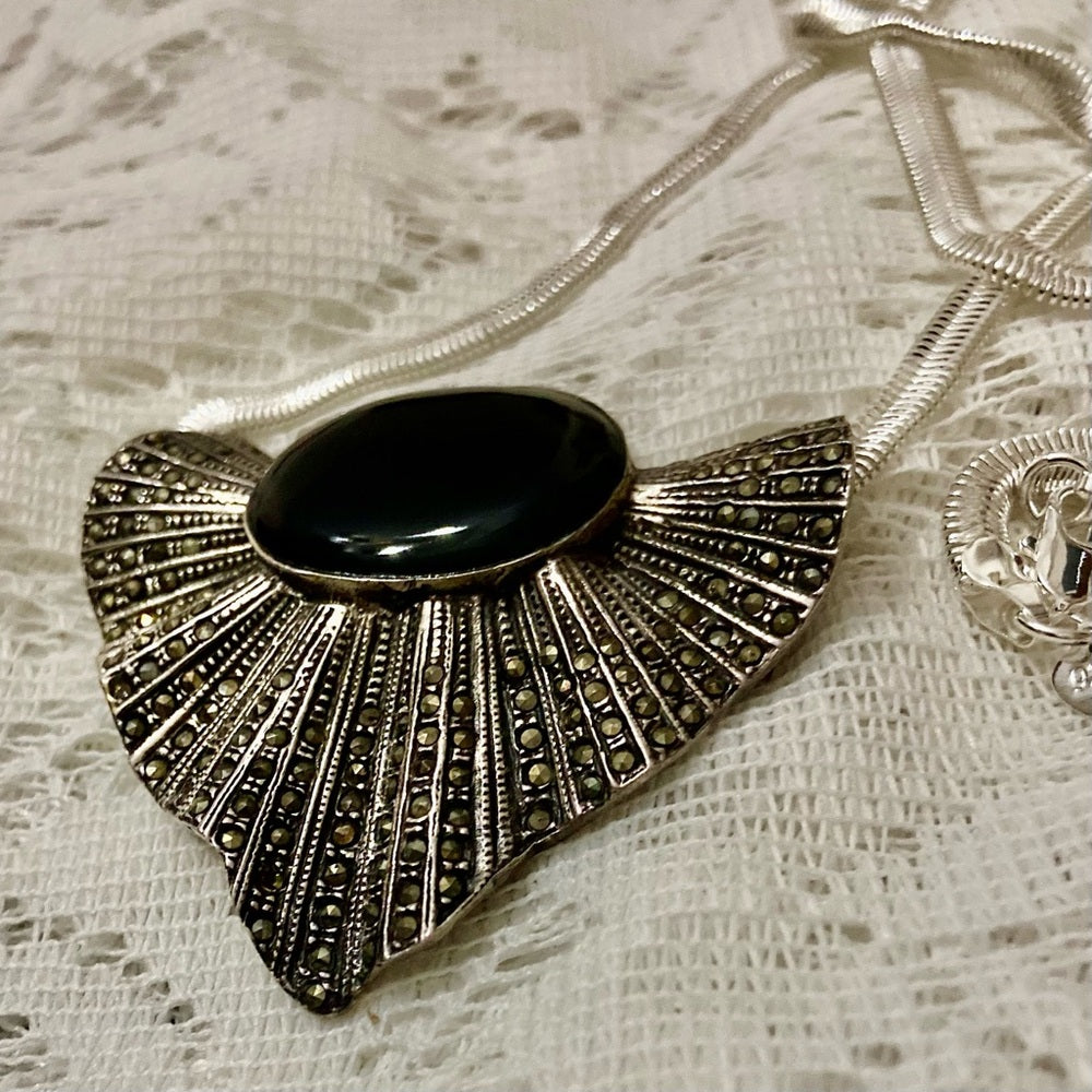 Art Deco- Antique Sterling with Marcasites Shell Shaped Brooch Pendant Necklace
